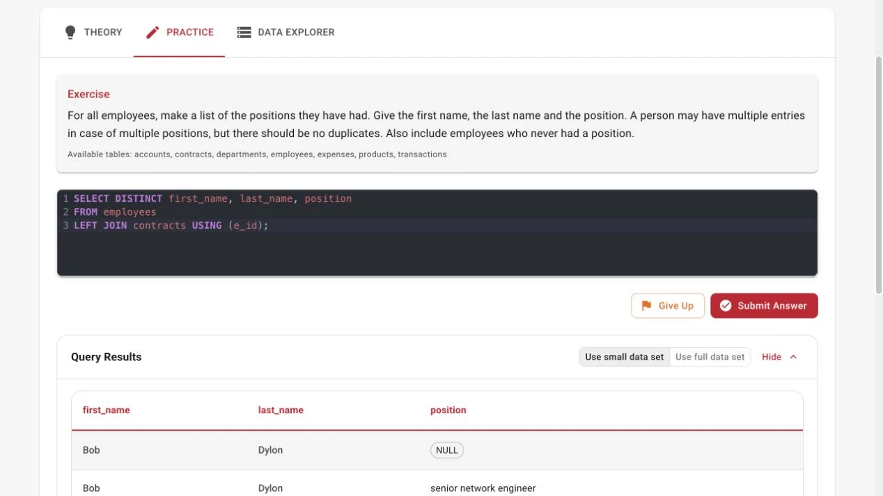 SQL Valley's join exercise with a SQL query in the editor and a table preview of its results.